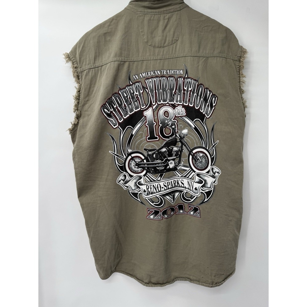 Men's L "Street Vibrations Reno Nevada 2012" Cutoff Biker Vest Green distressed‎